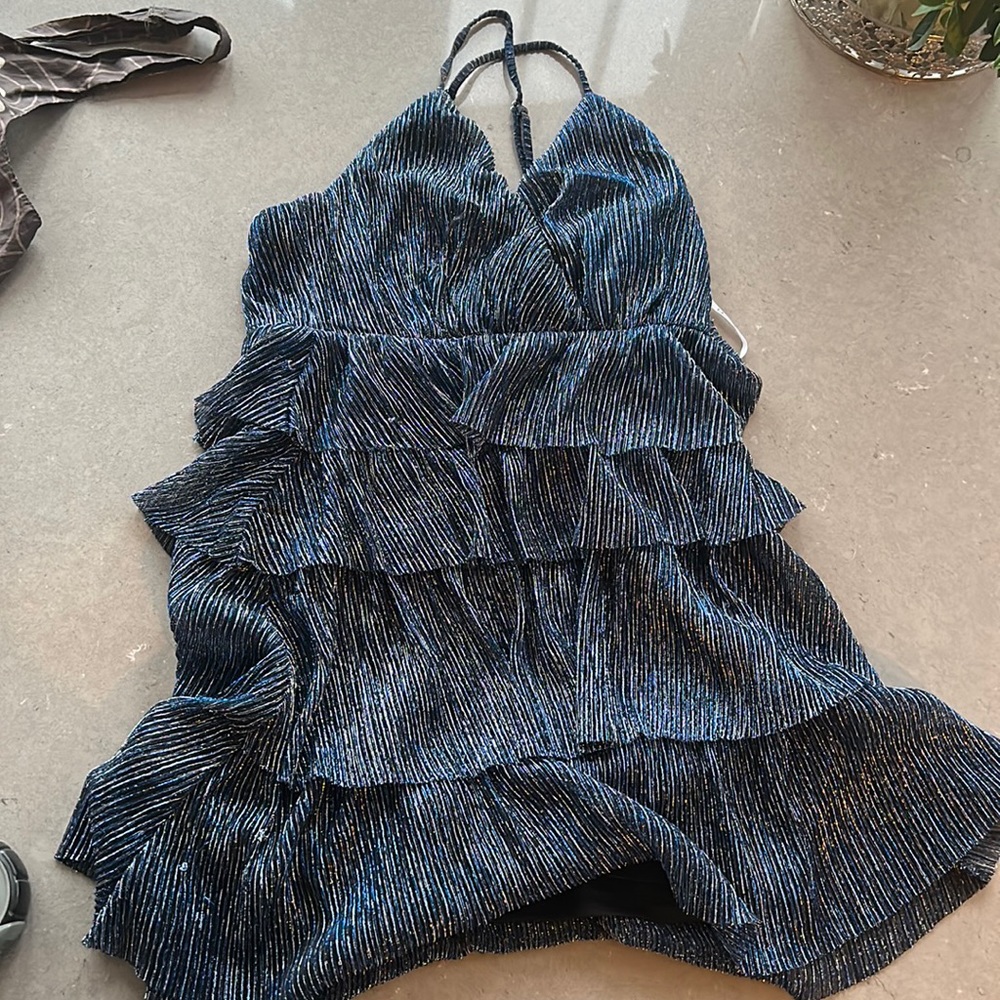 Lulus XS Glowing Gorgeous Blue Multi Metallic Tiered Mini Dress